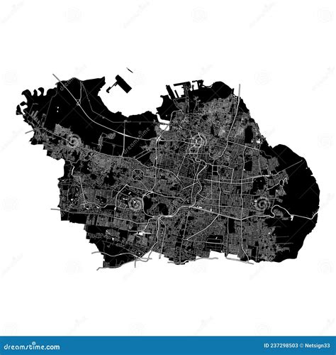 Surabaya, Indonesia, Black and White High Resolution Vector Map Stock Illustration ...