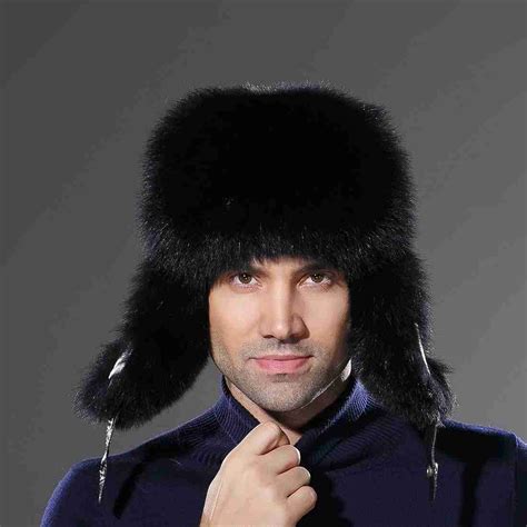 Russian Black Ushanka Hat Winter Men Real Fox Fur Hat - URSFUR