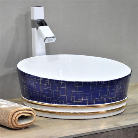 InArt Ceramic Counter or Table Top Wash Basin 41x41 CM Blue White Colo ...