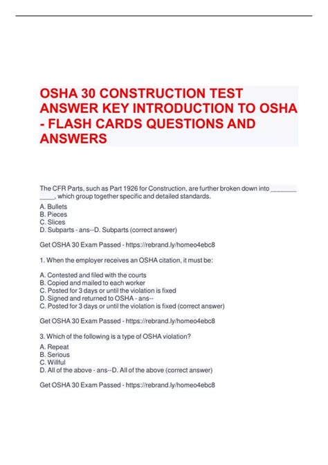 OSHA 30 CONSTRUCTION TEST ANSWER KEY INTRODUCTION TO OSHA - FLASH CARDS ...