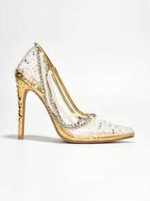 Women's Clear Pointed Toe High Heels – Pearl And Rhinestone Embellished ...