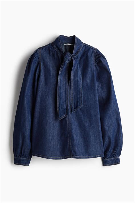 Women's Dark denim blue Tie-Neck Denim Blouse | H&M CA