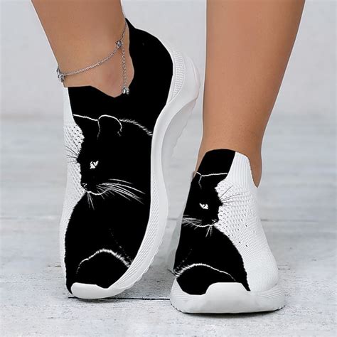 Women's Black Cat Print Slip-On Sneakers – Breathable Knit Walking ...