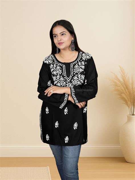 Noir Grace – Black Rayon Short Kurti with Elegant Embroidery – Dniza ...