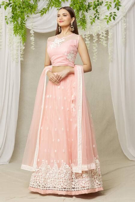 Buy Peach Net Embroidery, Tassels Round Neck Floral Lehenga Set For ...
