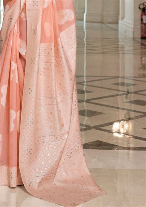 Lucknowi Chikankari Peach Saree – Sunasa
