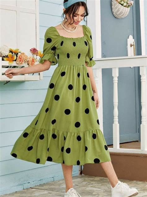 Polka Dot Print Green Midi Dress with Smocking Details – ELCHIC