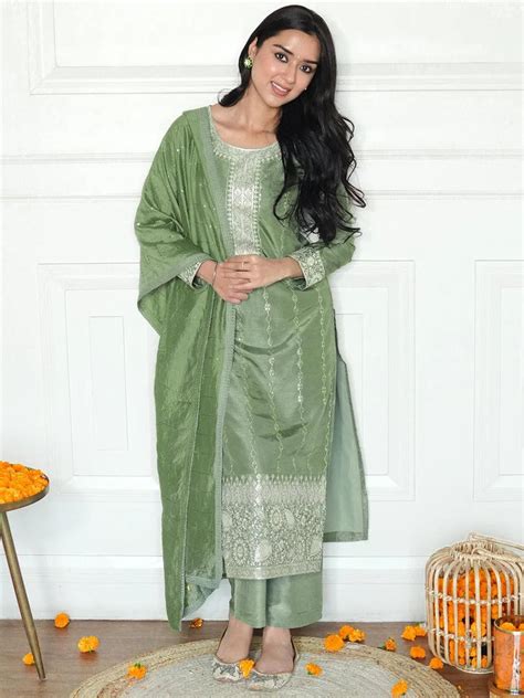 Buy Green Embroidered Silk Straight Suit With Dupatta Online at Rs.2399 ...