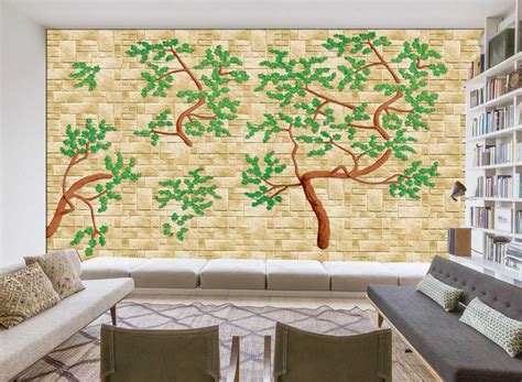 3D Tree with Green Leaves on Brown Colour Bricks Wallpaper