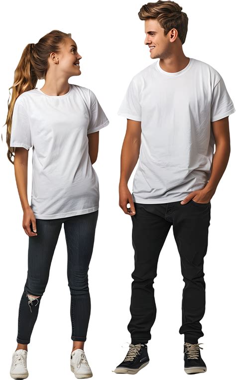 two people wearing white t - shirts standing next to each other ...