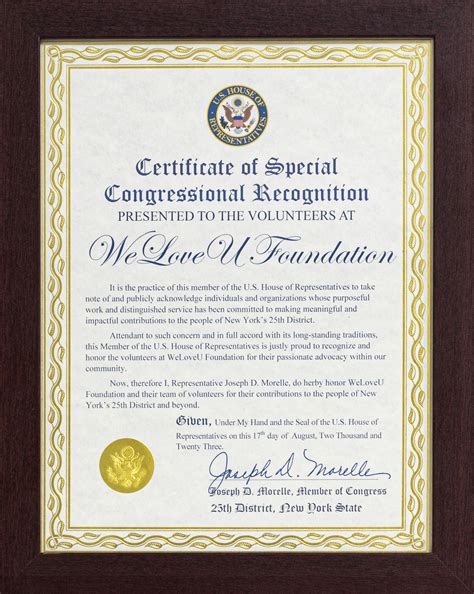 Certificate of Special Congressional Recognition From U.S. Rep. Joe ...