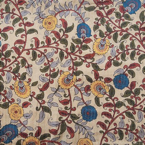 Pure Cotton Katha Kalamkari Beige With Flower Jaal Digital Print Fabri ...