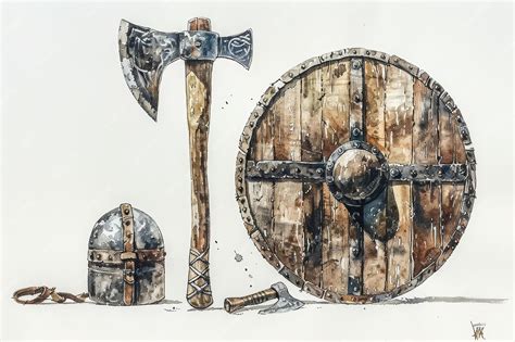 Watercolor illustration of viking battle gear wooden shield axe sword ...