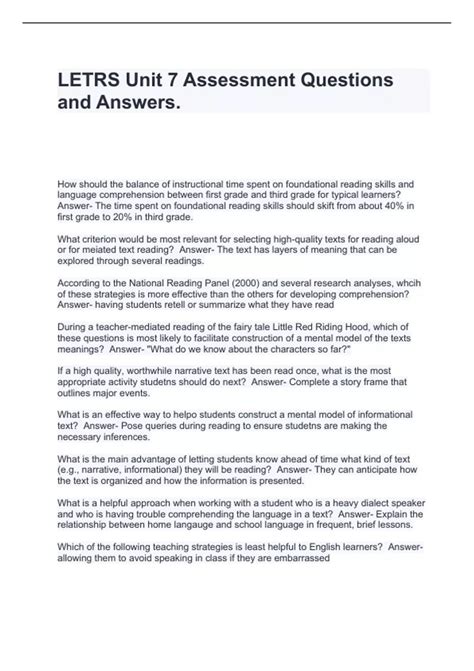 LETRS Unit 7 Assessment Questions and Answers - Letrs - Stuvia US