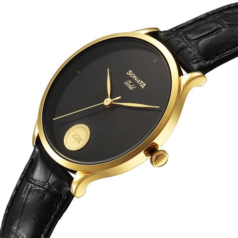 Buy Online Sonata Gold Quartz Analog Watch for Men with Black Dial ...