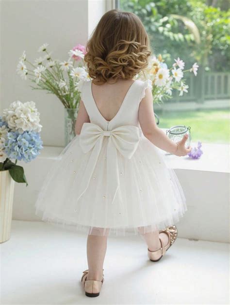 Baby Girls' Cap Sleeve Bow Decor Mesh White Elegant Party Dress ...