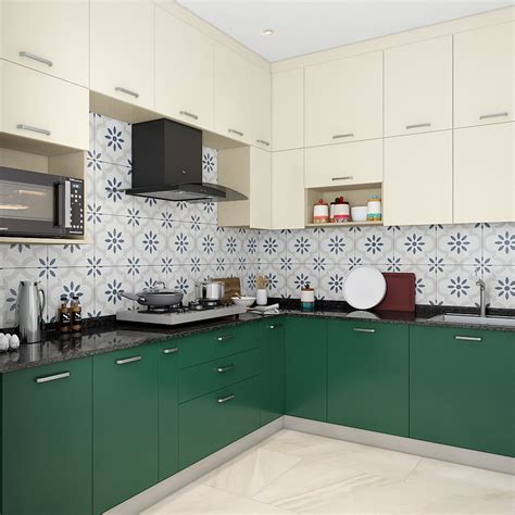 An L-Shaped Kitchen In Forest Green And Frosty White Laminates – Qarpentri
