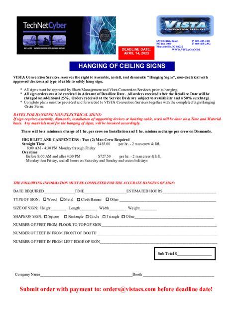 Fillable Online events afcea HANGING OF CEILING SIGNS Submit order with ...