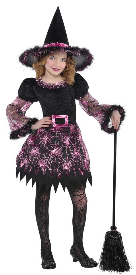 Pretty Pink Witch + Hat Girls Fancy Dress Halloween Kids Witches Childs ...