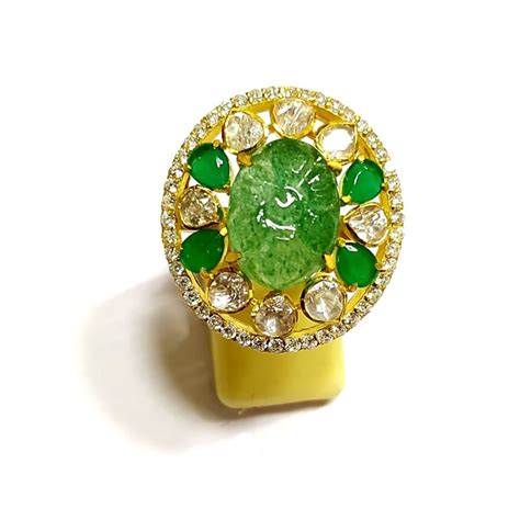 925 Silver Moissanite Polki Oval Green Ring – Sica Jewellery