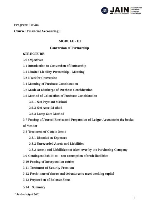 JU-BCOM-SEM 1: Financial Accounting I - Module 3 on Partnership ...