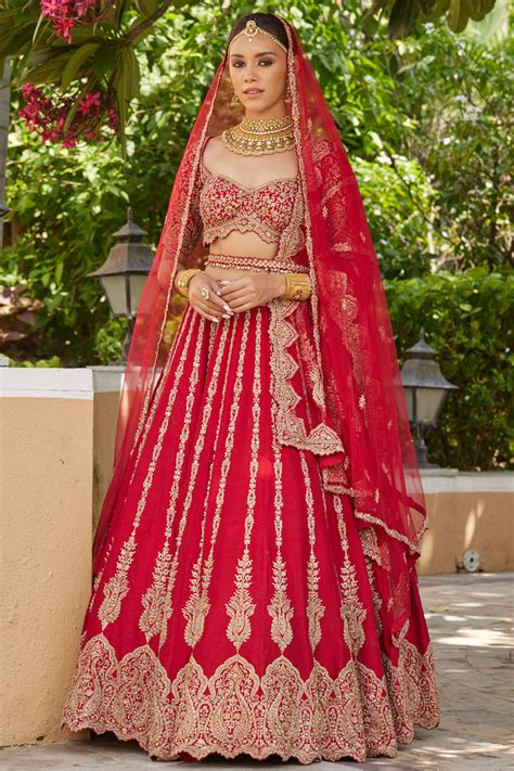 Cardinal Red Raw Silk Lehenga With Tulle Dupatta and Optional Second D ...