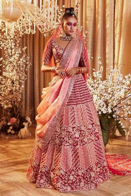 Buy Red Silk, Organza Zardozi Plunge V Neck Embroidered Bridal Lehenga ...