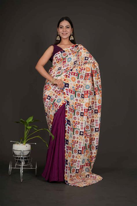 Contrast purple & offwhite Zari Embroidered Work with half & half ...
