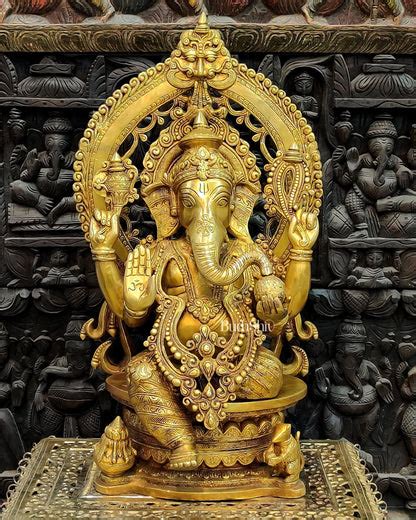 Brass Ganesha Seated on Round Throne with Prabhavali 26" – Budhshiv.com