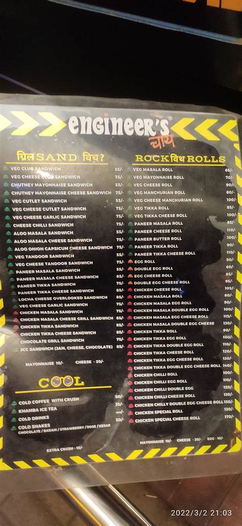 Menu at Engineers Chai, Pune