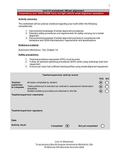 Fillable Online 2018 Wheel Alignment Operations Worksheet for ...