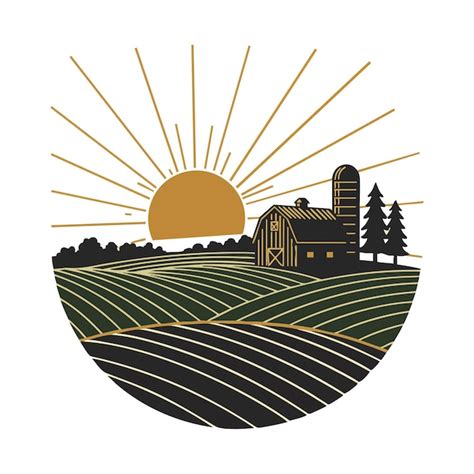Rustic farmhouse landscape with sunrise and fields in earthy green and ...