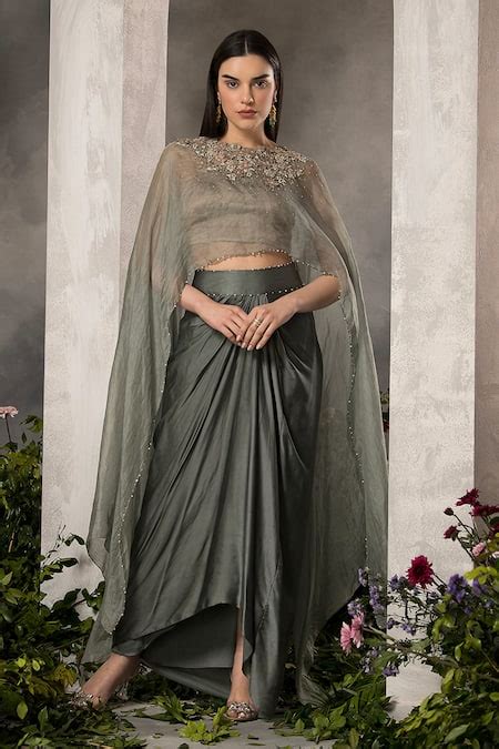 Buy Grey Satin Embroidery Pearl Boat Celeste Bloom Cape And Draped ...