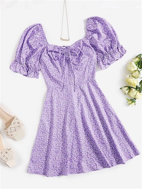 Lilac Purple Boho Short Sleeve Polyester Plants,All Over Print A Line ...