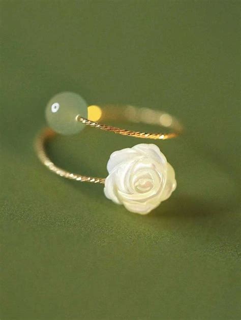 1pc Hetian Jade Rose Flower Ring, Elegant Vintage Palace Style Camellia ...