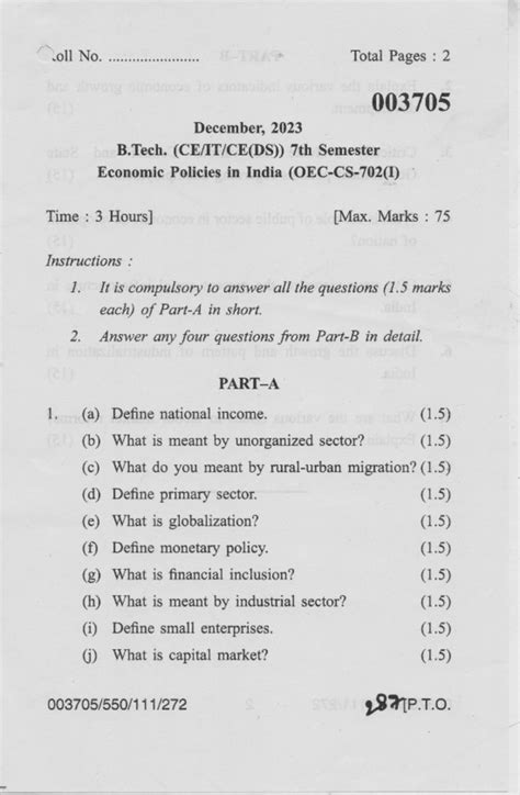 ECO 703: Previous Question Paper for Economic Policies in India - Studocu