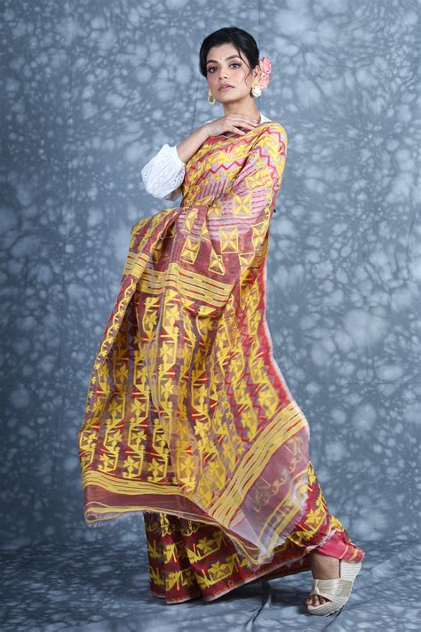 Copper Zari Weaving Tissue Jamdani Saree – Charukriti