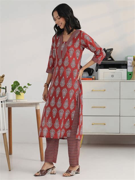 Buy Gerua Rust Ethnic Motif Woven Design Cotton Blend Straight Kurta ...