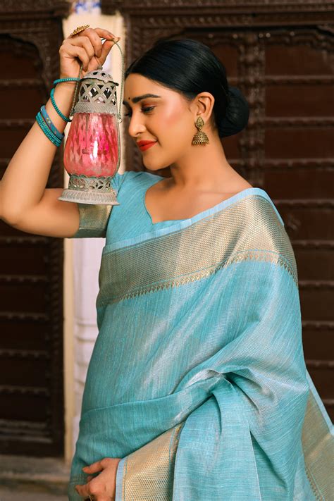 Buy Sky Blue Cotton Saree 96639 Online | Karagiri