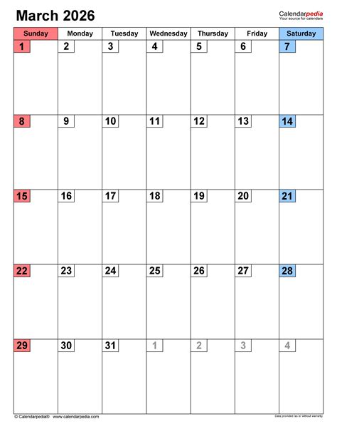 March 2026 Calendar | Templates for PDF, Excel and Word