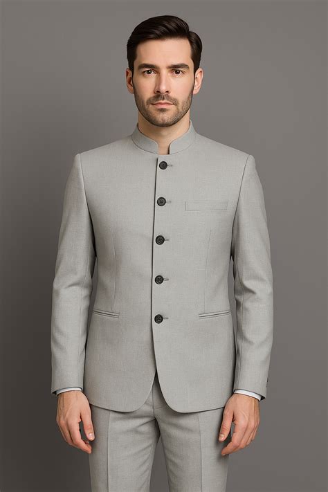 Light Grey Slim Fit Bandhgala Suit with Pants (Imported) – Falcon Suits