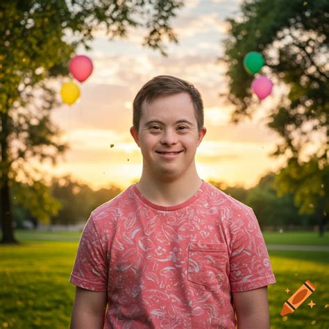 A young man with Down syndrome smiles at the camera in a park during ...