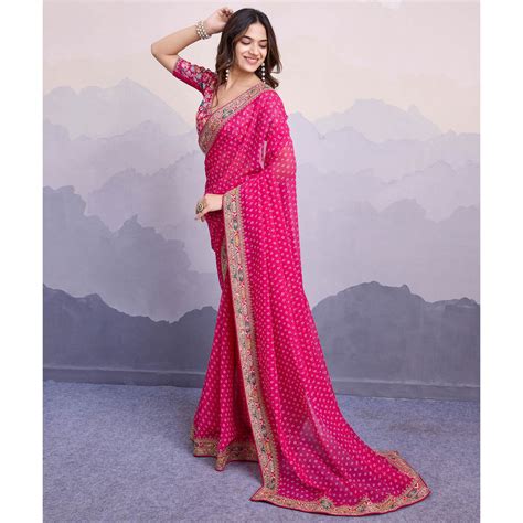 Rani Pink Bandhani Printed Georgette Saree With Embroidered Lace Borde
