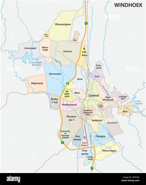 Roads, administrative and political vector map of the Namibian capital Windhoek Stock Vector ...