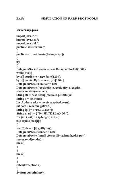 Ex5b&res - lab - Ex SIMULATION OF RARP PROTOCOLS serverrarp import java ...