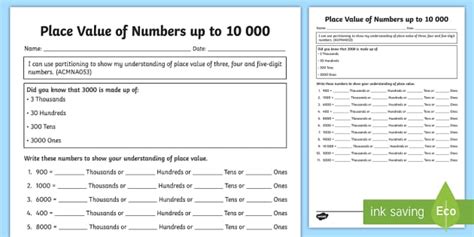 Place Value of Numbers up to 10 000 Worksheet / Worksheet