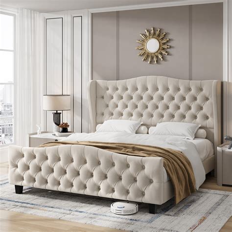Homfa Queen Size Bed Frame, Modern Velvet Tufted Upholstered Platform ...