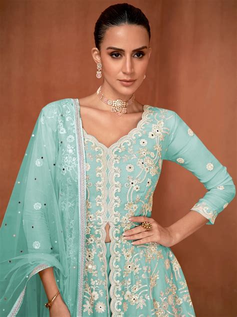 Sea Green Real Georgette Designer Embroidered Sharara Set – Anant Exports