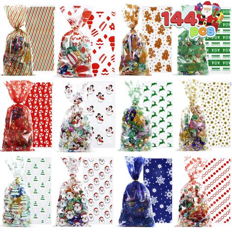 JOYIN 144 PCS Christmas Cellophane Bags with Ribbon Candy Cookie Bags ...