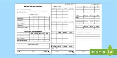 Senior Infants Parent Teacher Meeting Planning Template